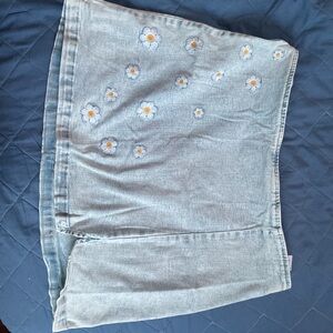 Light Blue Denim Skirt with Daisy Embroidery